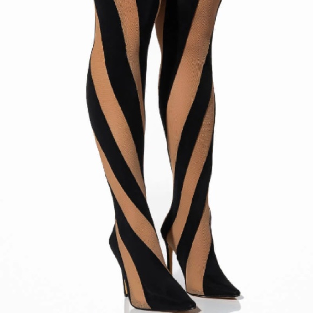 AKIRA Black and Tan Striped Heeled Boots